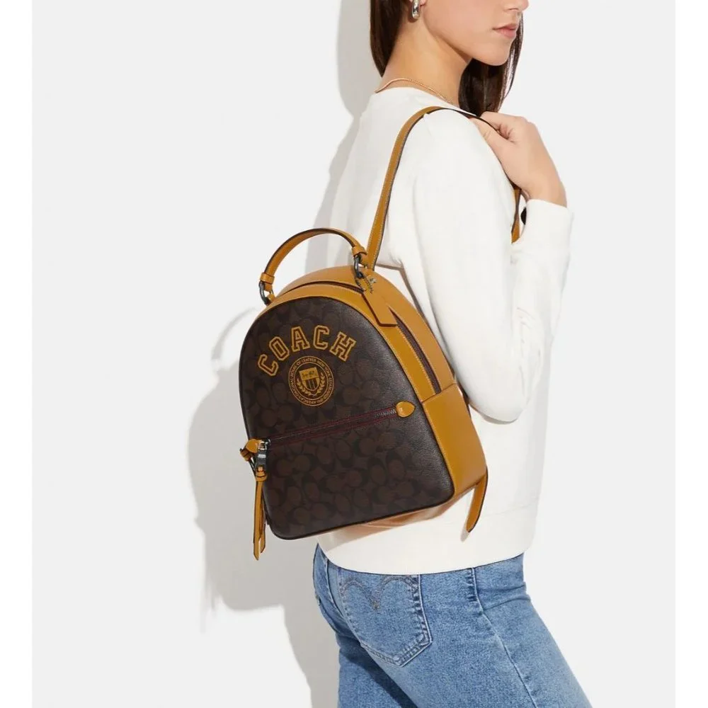 NEW Coach Jordyn Varsity Backpack Brown Buttercup Signature Coated Canvas CB871 - Picture 2 of 7